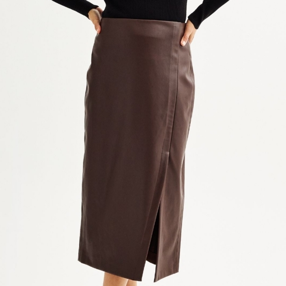 Nine West Chocolate Brown Vegan Midi Skirt with Side Slit